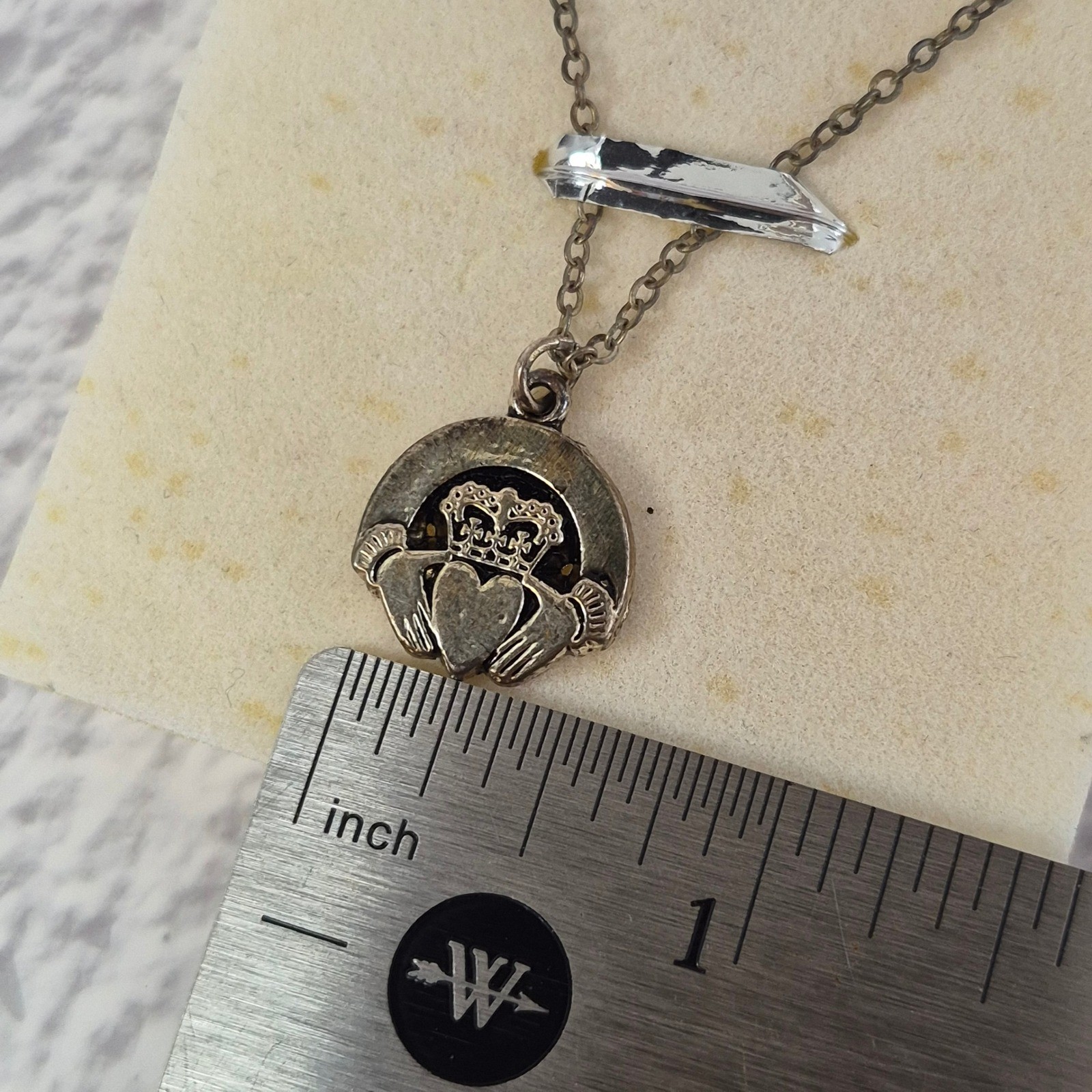 Irish Claddagh Pendant Necklace Silver Tone Celtic Heart Crown Hands 18 Inch
