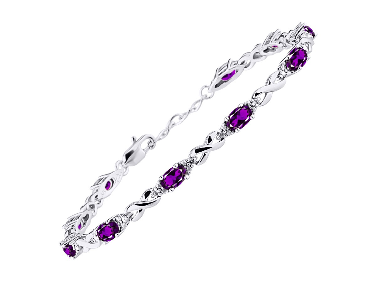 RYLOS AMETHYST & DIAMOND TENNIS BRACELET STERLING SILVER 7-8″