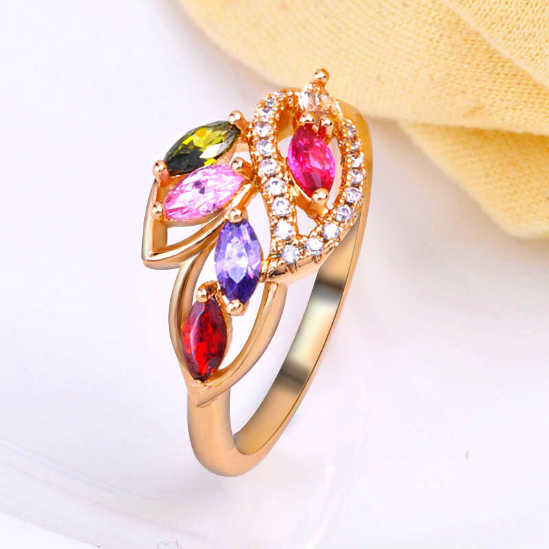 Women 18K Gold Plated Cubic Zirconia MultiColor Red Leaf shaped Jewelry Ring