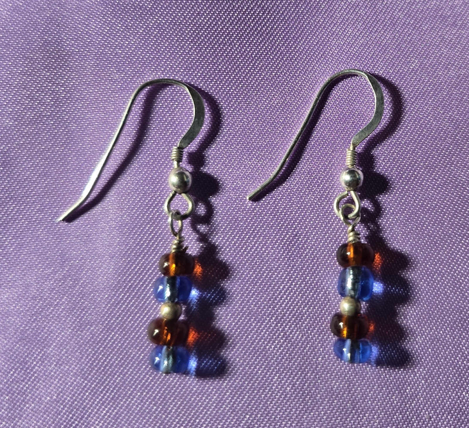 Silver Dangle Earrings w/Blue & Red Beads; Sterling Ear Wires 0.7″ (M26-46)