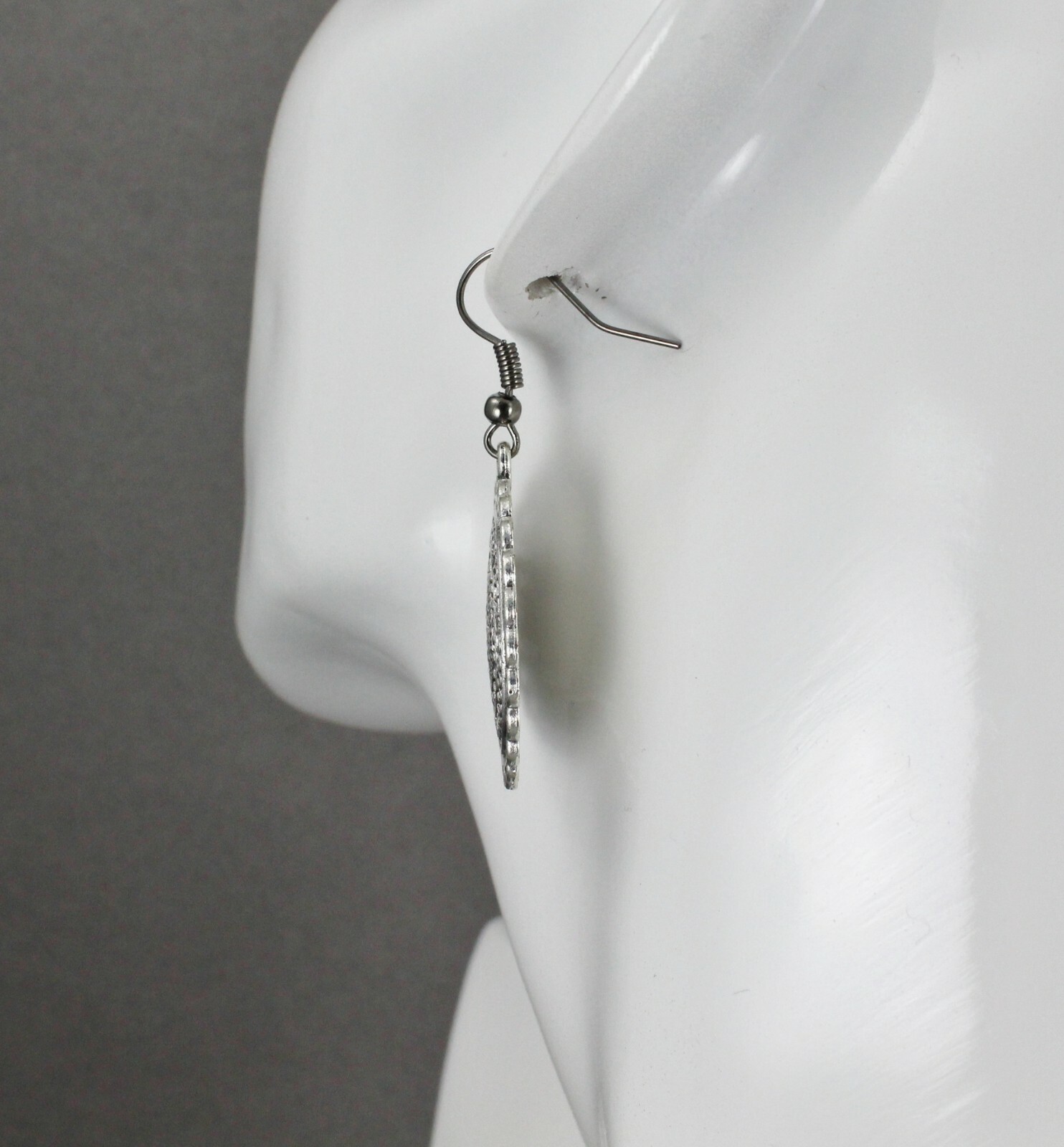Silver stamped medallion dangle disc 1.75″ long earrings lightweight antiqued