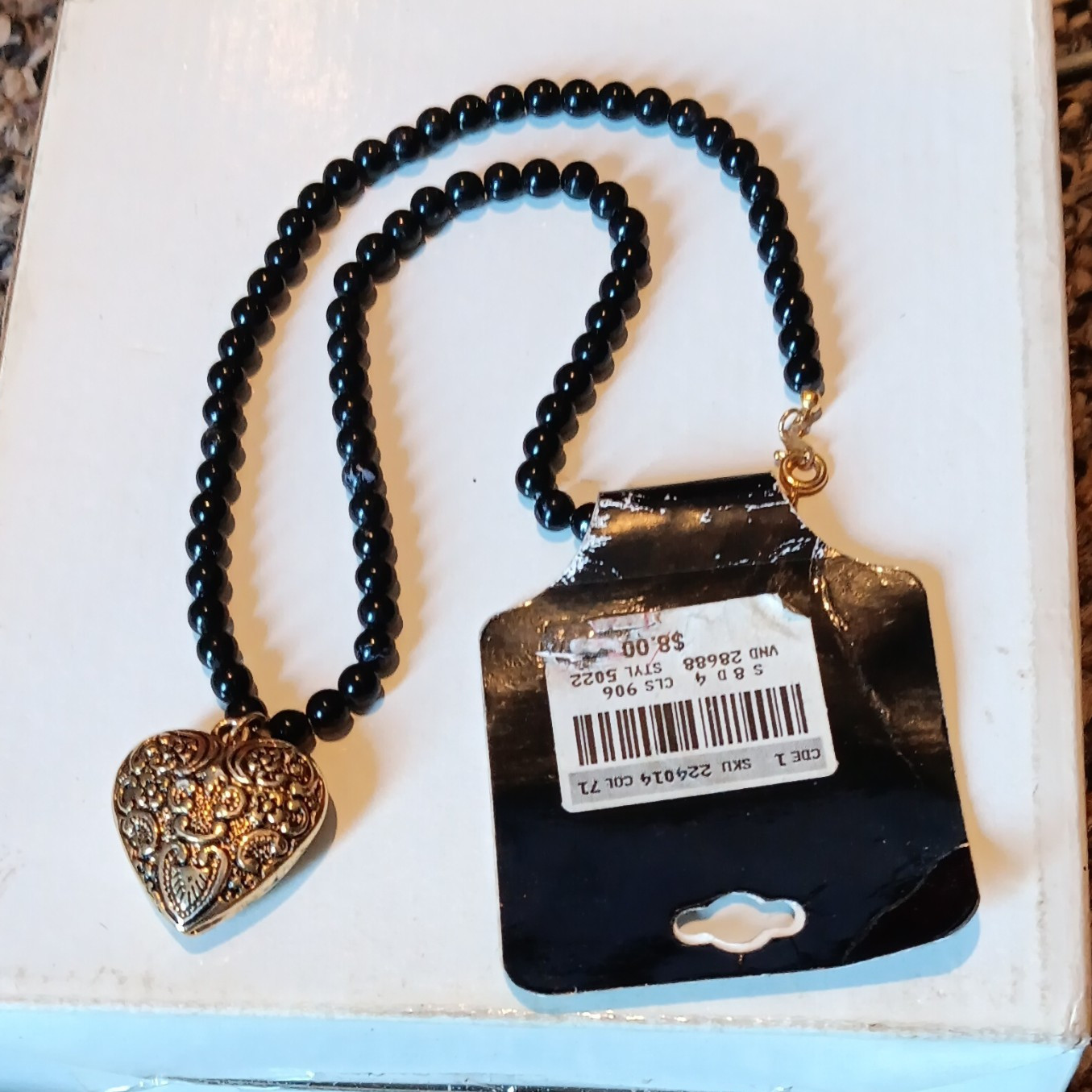 Black Beaded Ball Chain Necklace Gold-Tone Heart Charm Pendant SKU 224014
