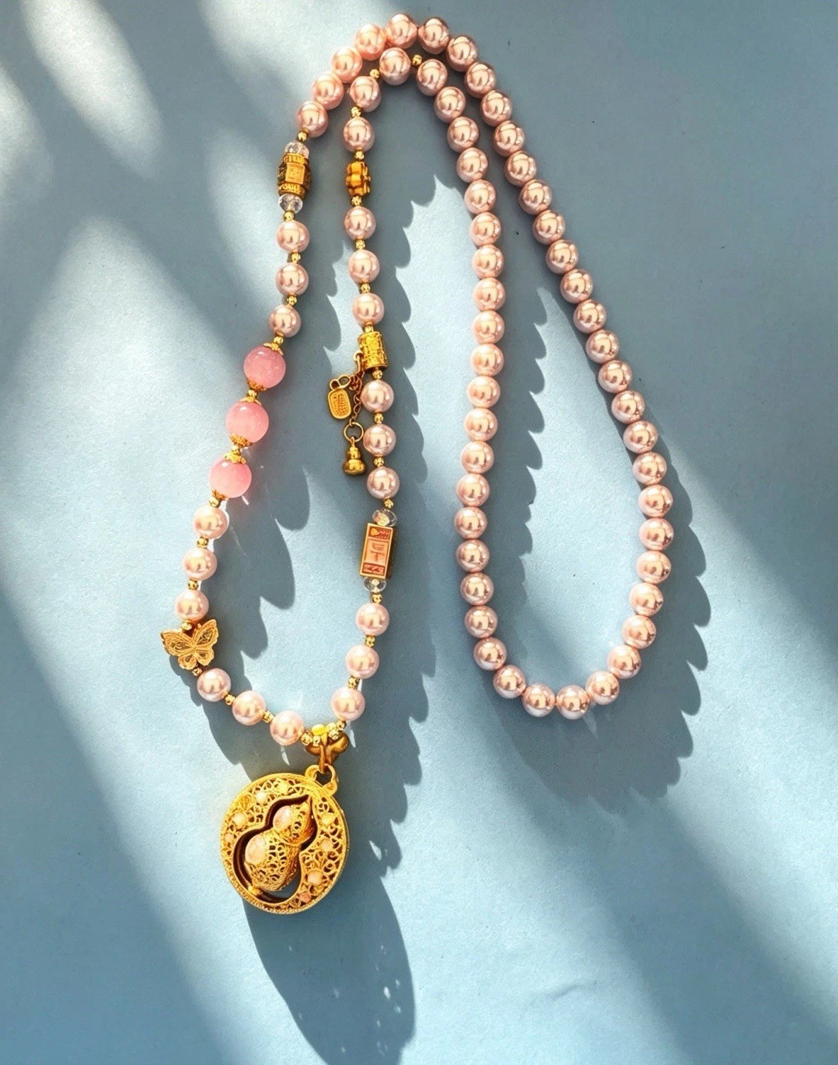 Chinese Enamel Gourd Rotatable Pendant Necklace Imitation Pearl Beads