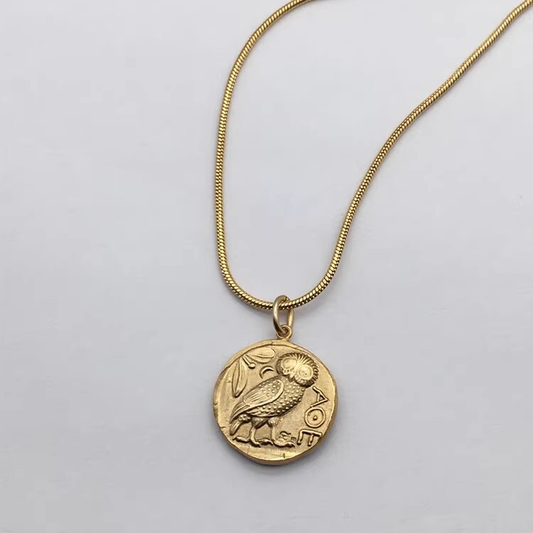 Wisdom Goddess / Owl Greece Replica coin Gold Pendant Necklace 20″