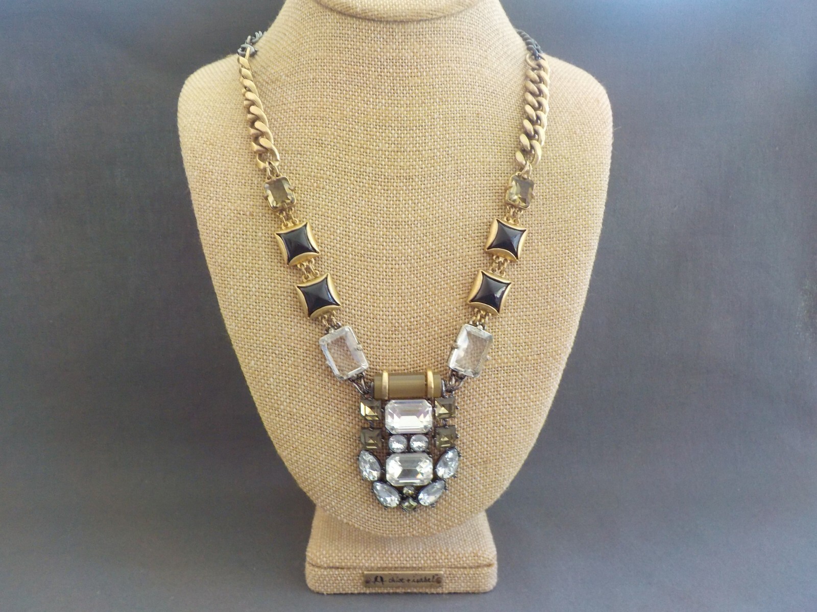 Square Teardrop Clear Black Green Glass Plastic Necklace Gold Black Tone Metal
