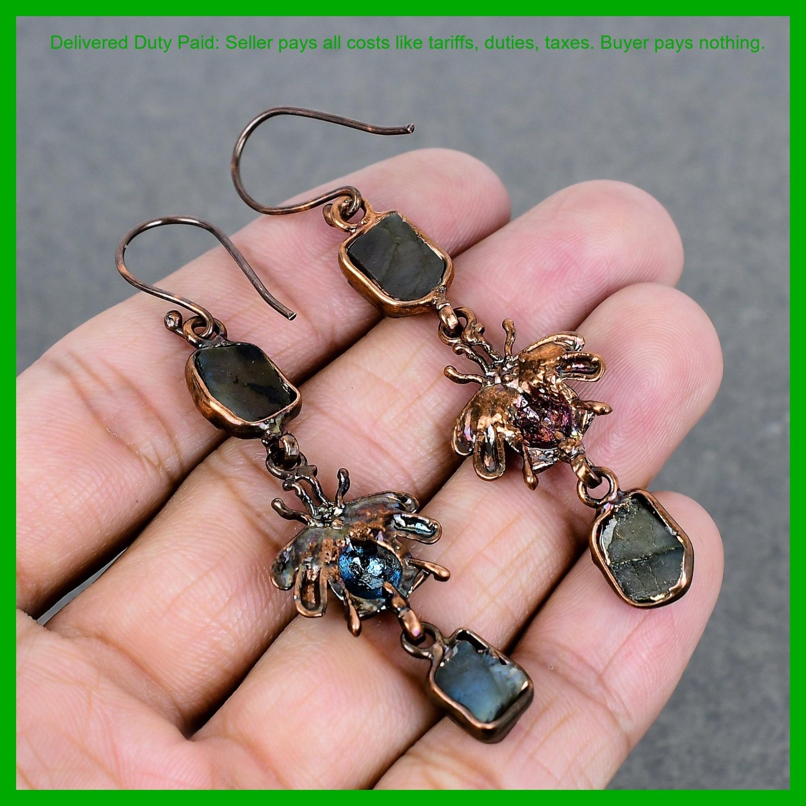 Copper Natural Labradorite Rough Electroformed And Honey Bee Dangle New Earrings