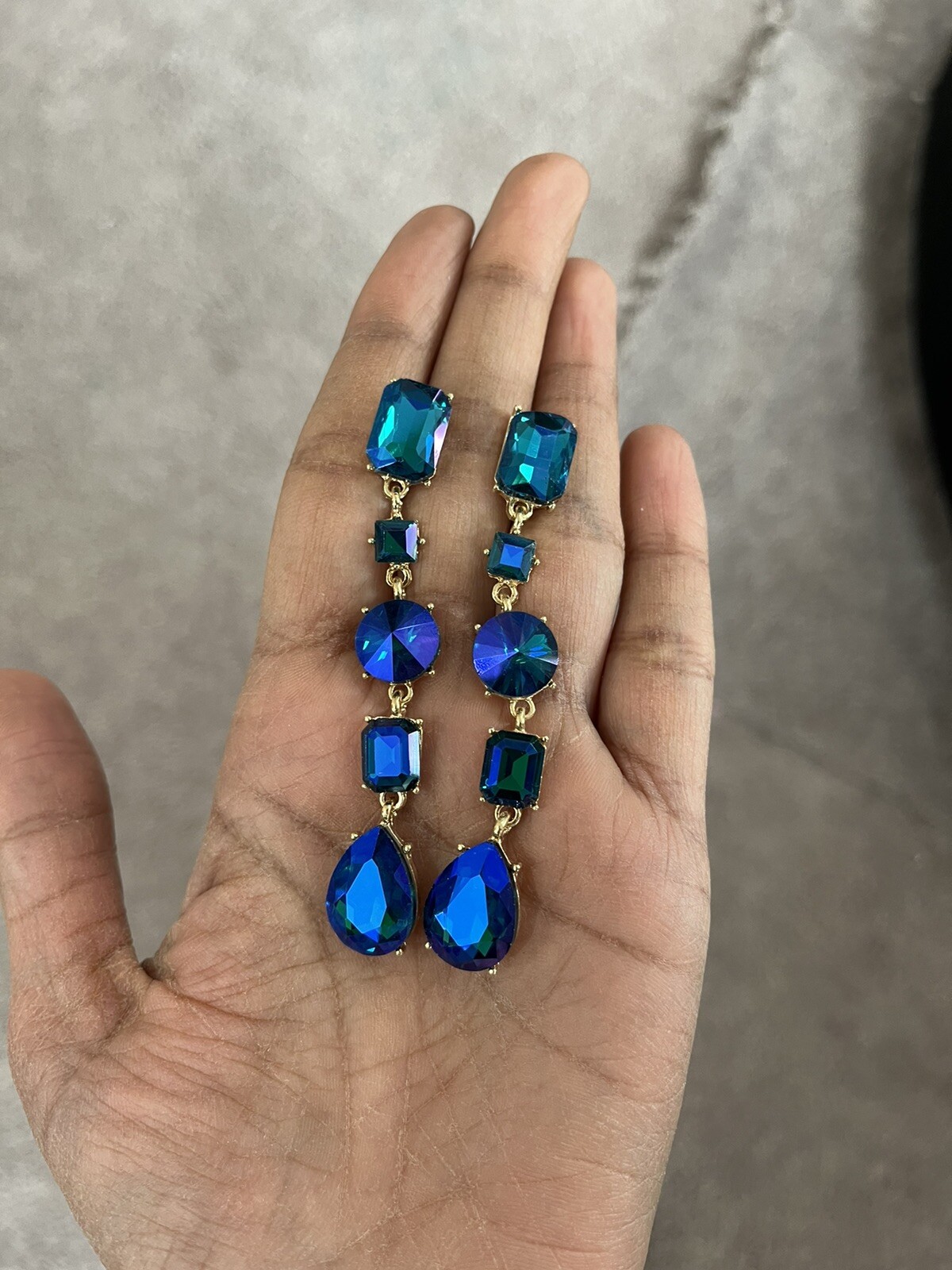 Blue Ab Earrings Green Blue Long Royal Drop Dangle Rhinestone Crystal Pageant