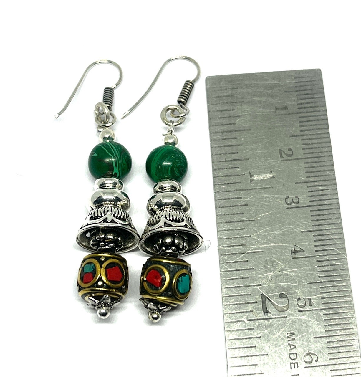 Turquoise Coral Malachite Gemstone Tibetan Handmade Earring Jewelry, 1.8 Inch