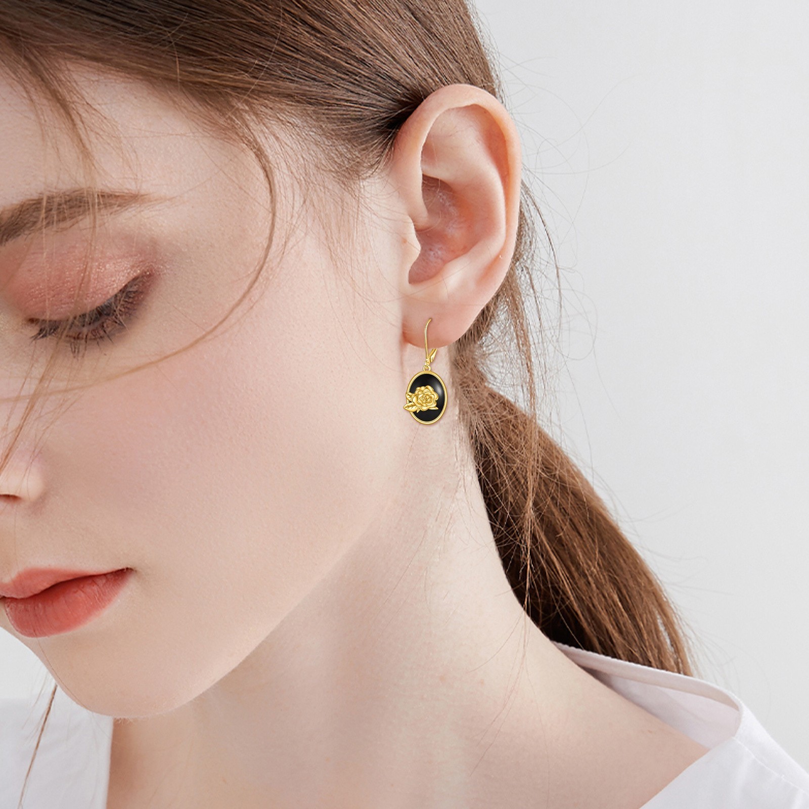 Black Drop Earrings Sterling Silver 18k Gold Plated Rose Flower Leverback