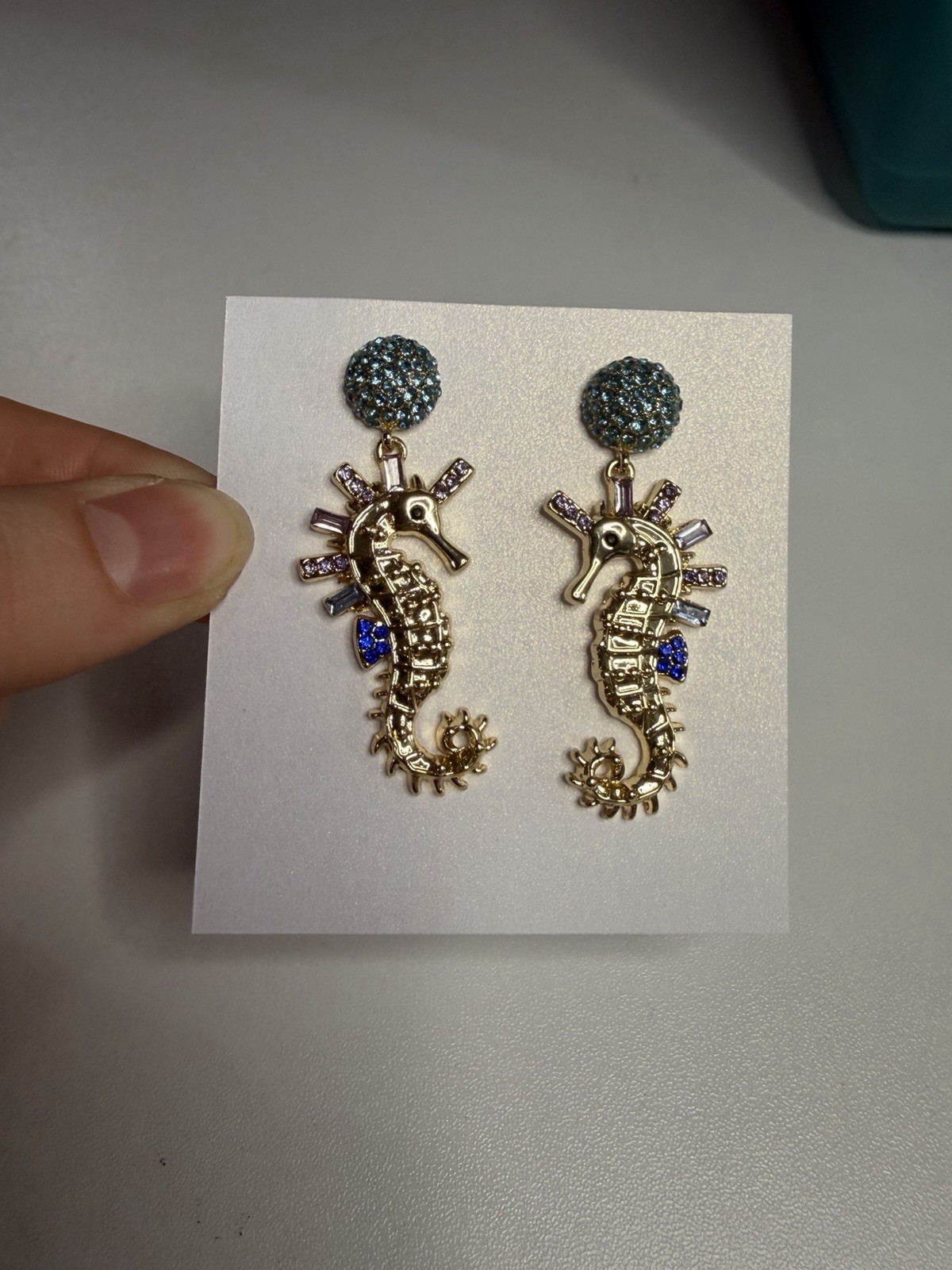 BaubleBar Seahorse Dangle Stud Earrings Gold Light Blue Crystal Rhinestones
