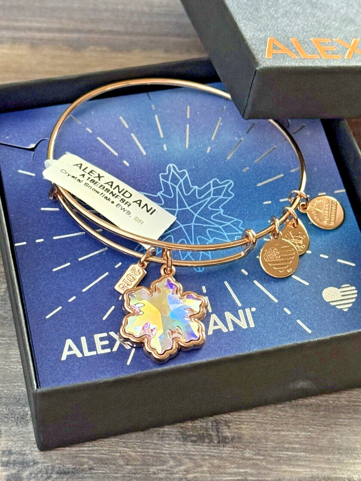 Alex And Ani 2018 Crystal Snowflake Bangle Bracelet, NWT Card and Box