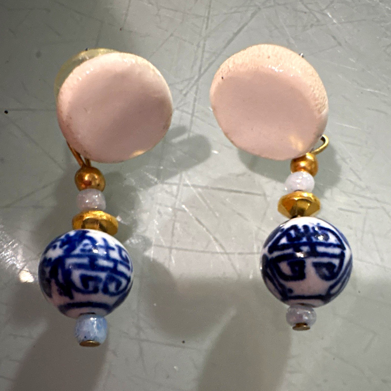 Blue White Beaded Dangle Drop Earrings Gold Tone Round Post Butterfly Back