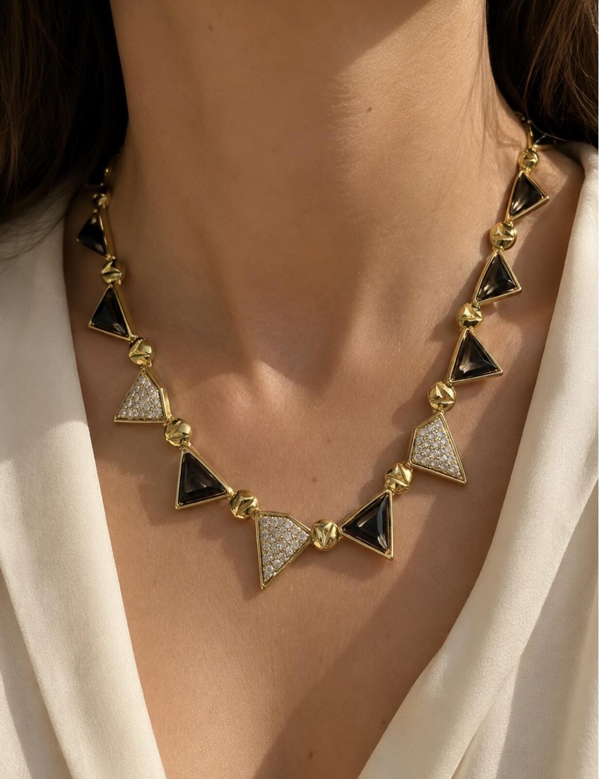 Vintage Kenneth J Lane KJL Black Enamel Rhinestone Geometric Statement Necklace