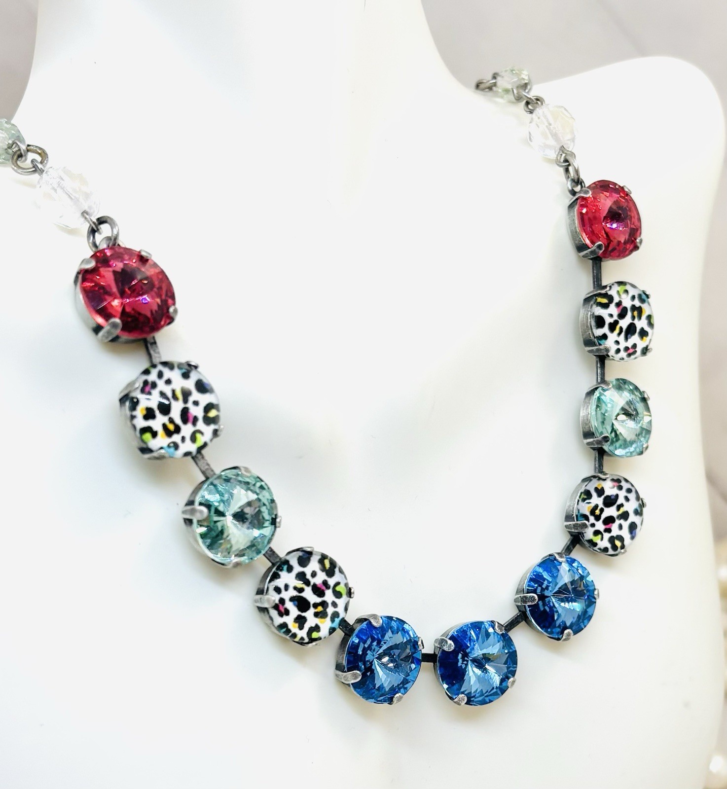 Antique Silver Rainbow Leopard Cup Chain Statement Necklace