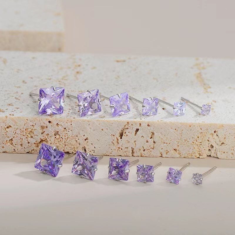 Men Women Gradient Purple Square Solitaire 925 Sterling Silver Mini Stud Earring