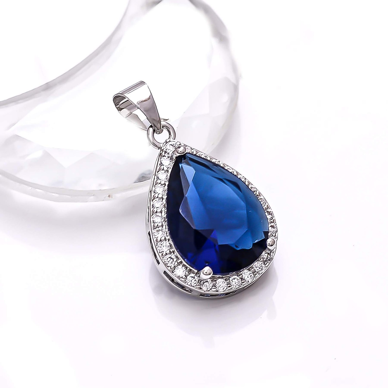 Blue Sapphire – Simulated & CZ Gemstone 925 Sterling Silver Pendant 1.10″ P80126