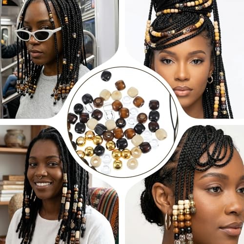 60 Pcs Wooden Hair Beads for Braids & Dreadlocks, Natural Wood Hair Cuffs with