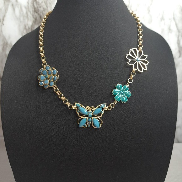 Women’s Necklace Gold Tone Turquoise Butterfly & Flower Designs 11.5 in + 3 in