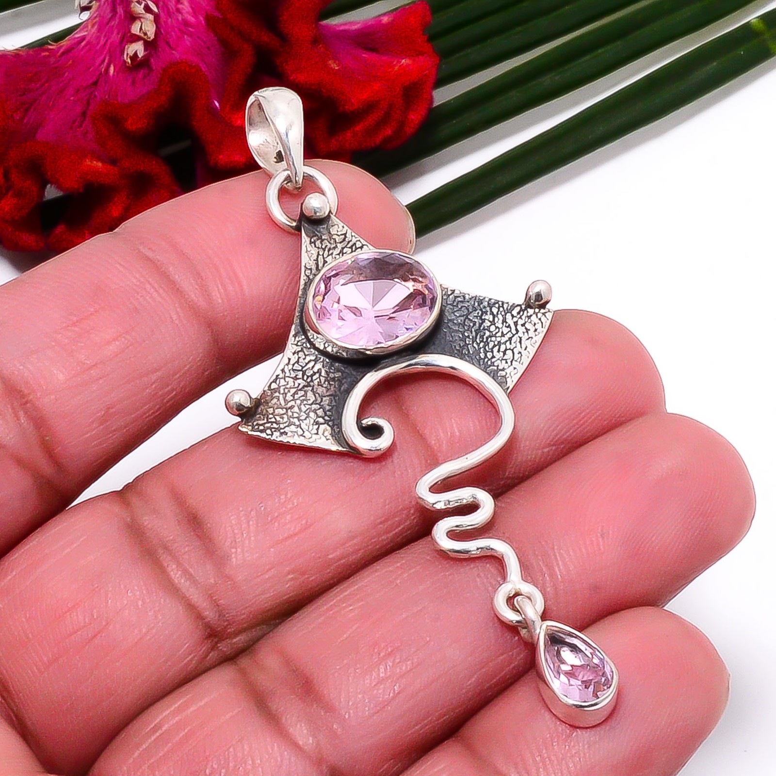Pink Kunzite Oxidised 925 Sterling Silver Pendant 2.54″ Sku38, Christmas Gift