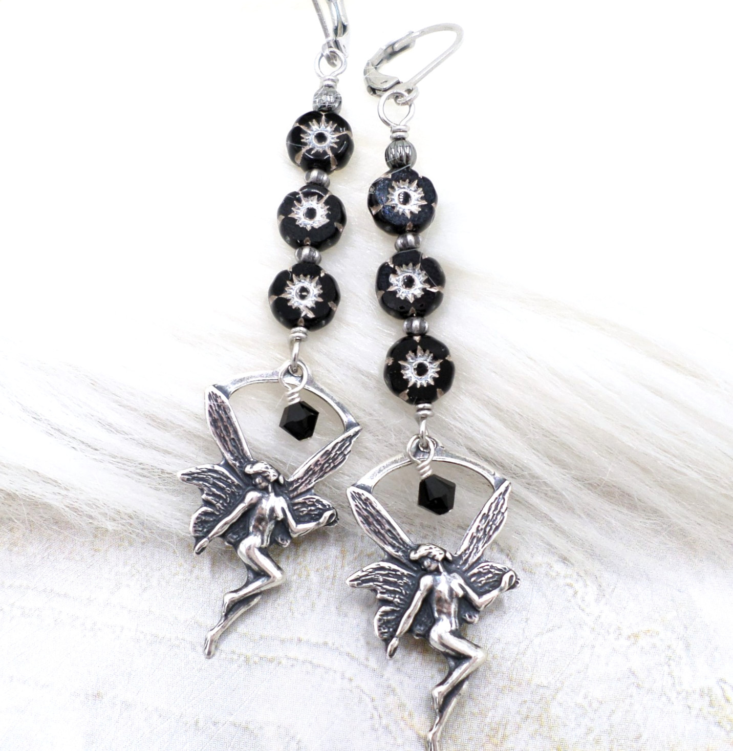 Fairy Dangle Earrings Black Czech Flowers, Silver Tone Woodland Handmade Jewelry