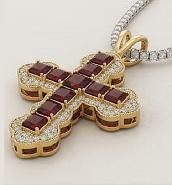 4.5ct Asscher Cut Simulated Red Garnet/Diamond Cross Pendant Yellow Gold Plated