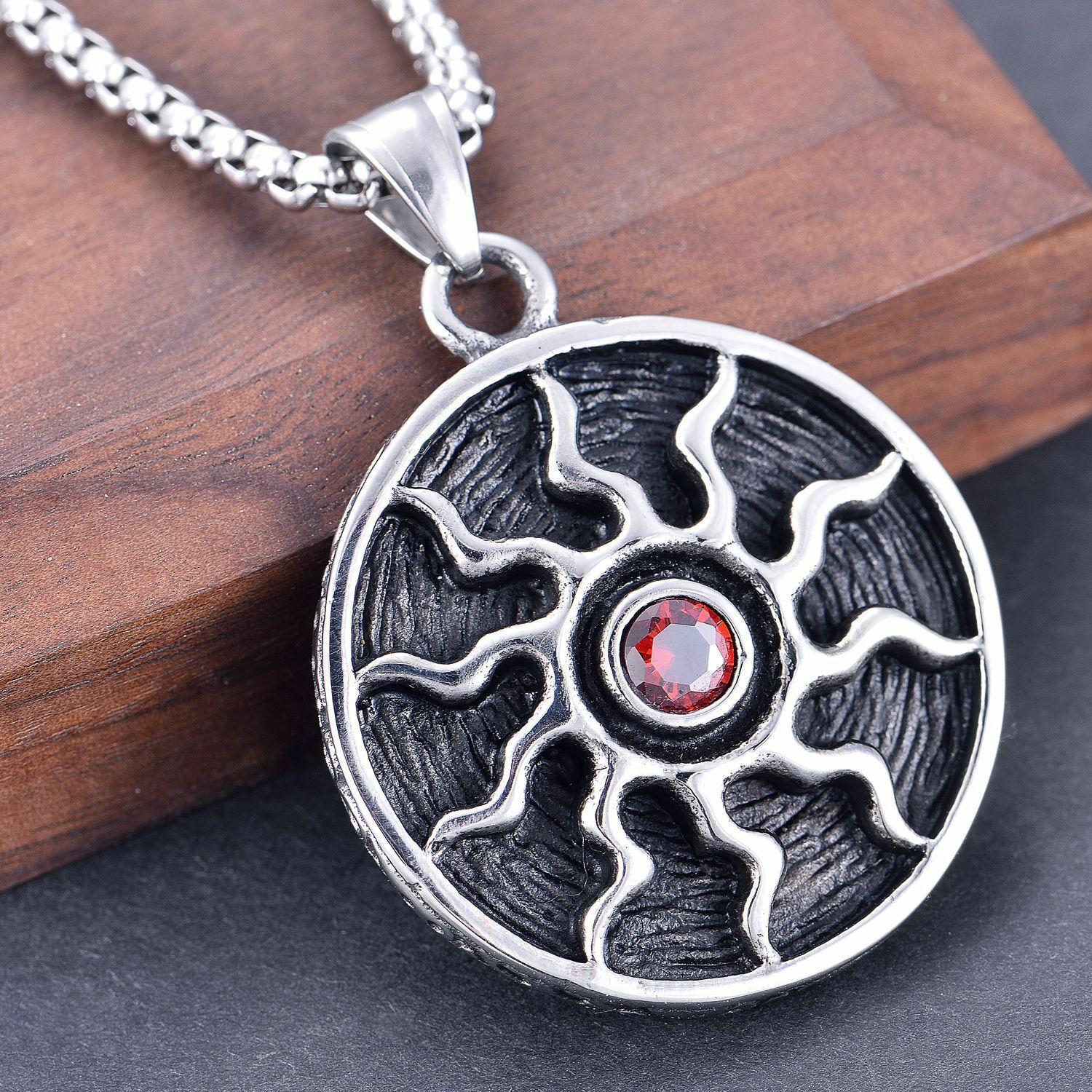 Mens Silver Apollo Sun Wheel Pendant Necklace Protection Jewelry Box Chain 24″