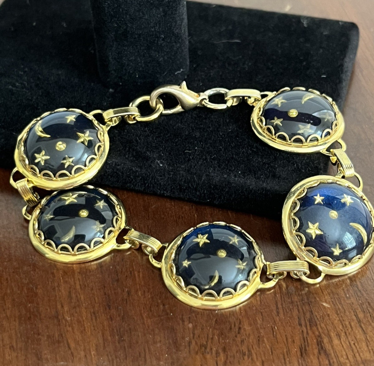 Blue and Gold Tone Celestial Bracelet Moon Stars Glass Dome 7.25″