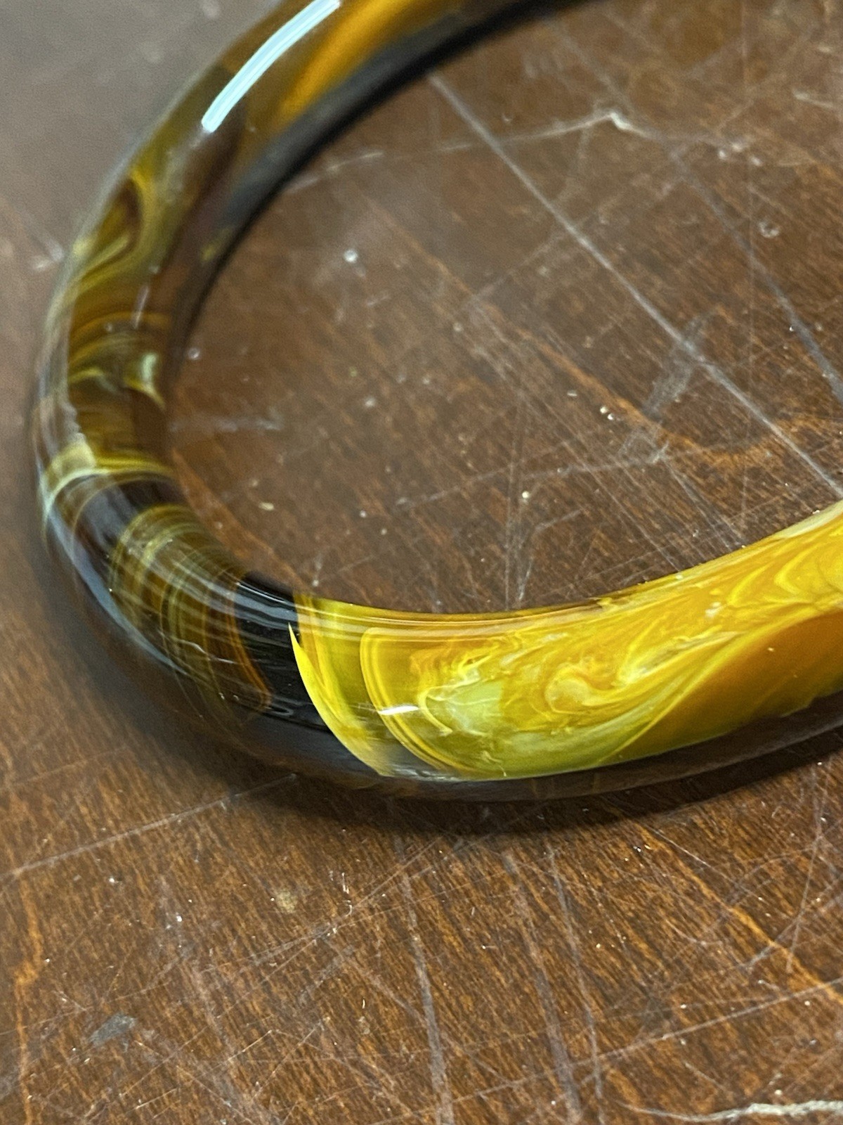 Brown & Yellow Swirl Plastic Round Bangle Bracelet, Less Than 12 in