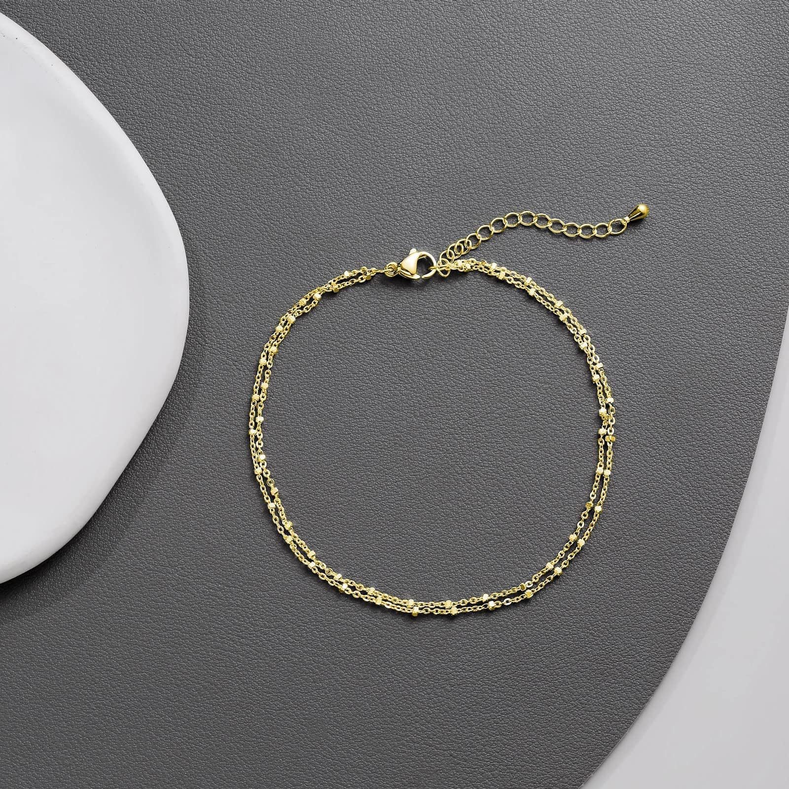 Plated Layered Anklet, Dainty Double Chain Beach Anklet for Women