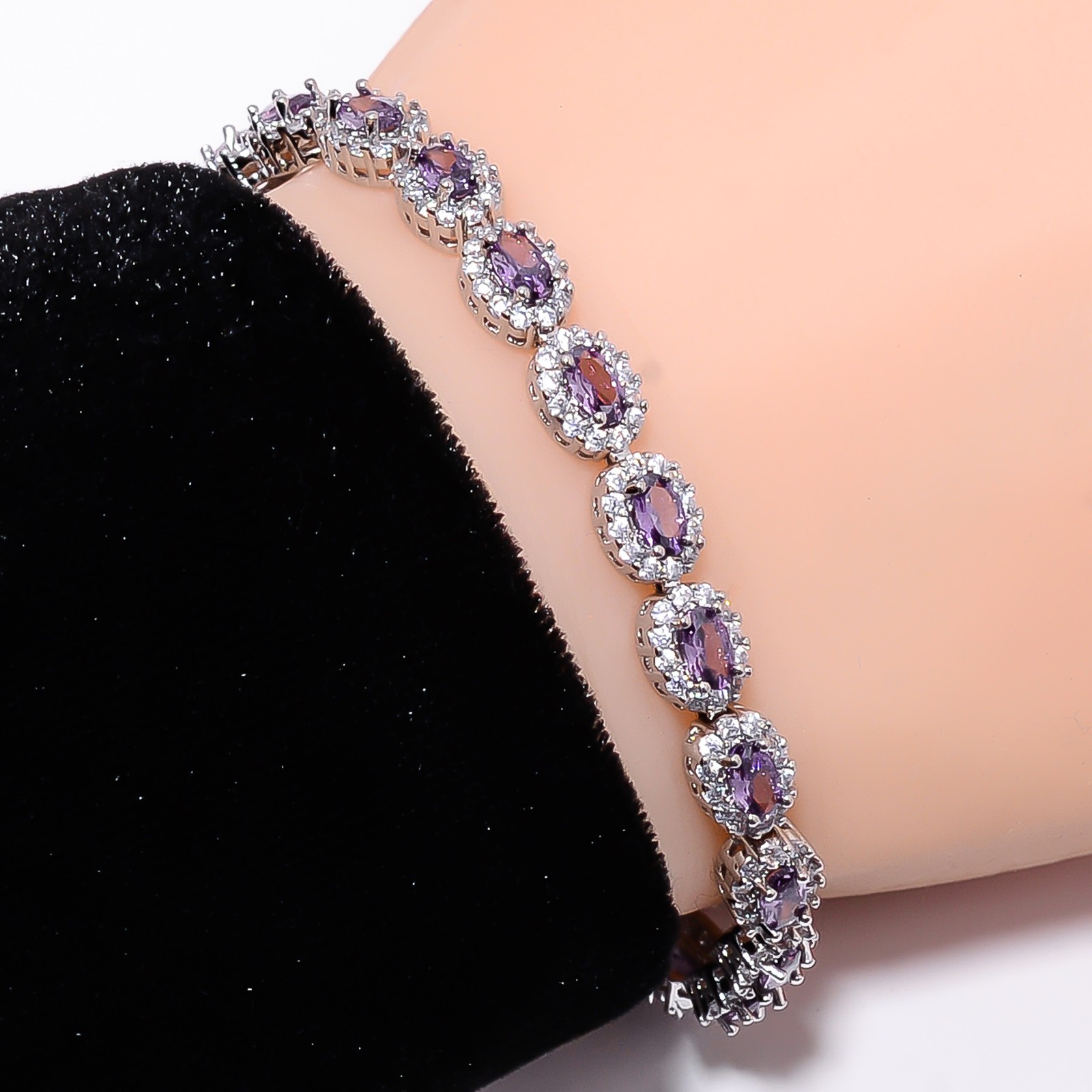 Purple Amethyst, CZ 925 Sterling Silver Adjustable Bracelet 7-8″ B129934