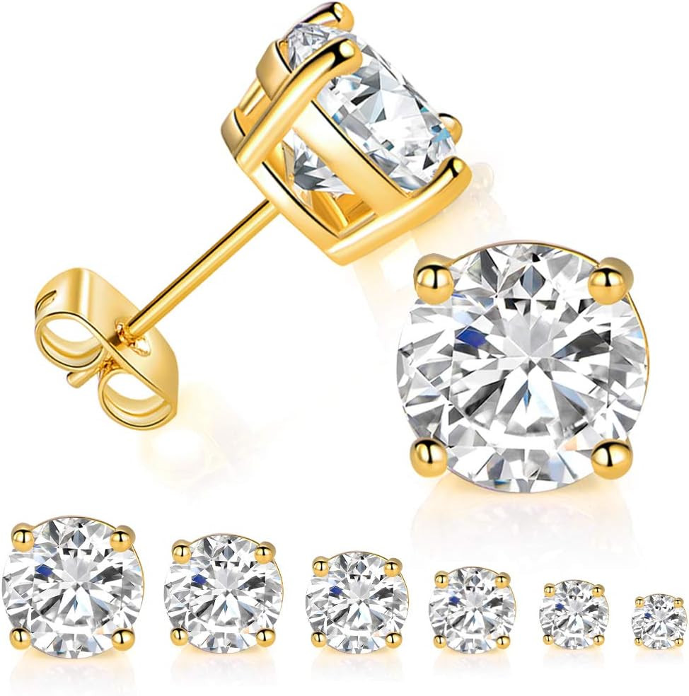 6 Pairs 14K Yellow Gold Plated round Cut Clear Cubic Zirconia Stud Earring Pack