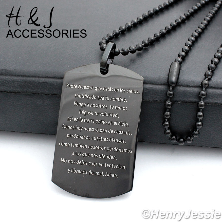 20-30″MEN Stainless Steel Black Plated Bead Chain Spanish Bible Verse Pendant*82