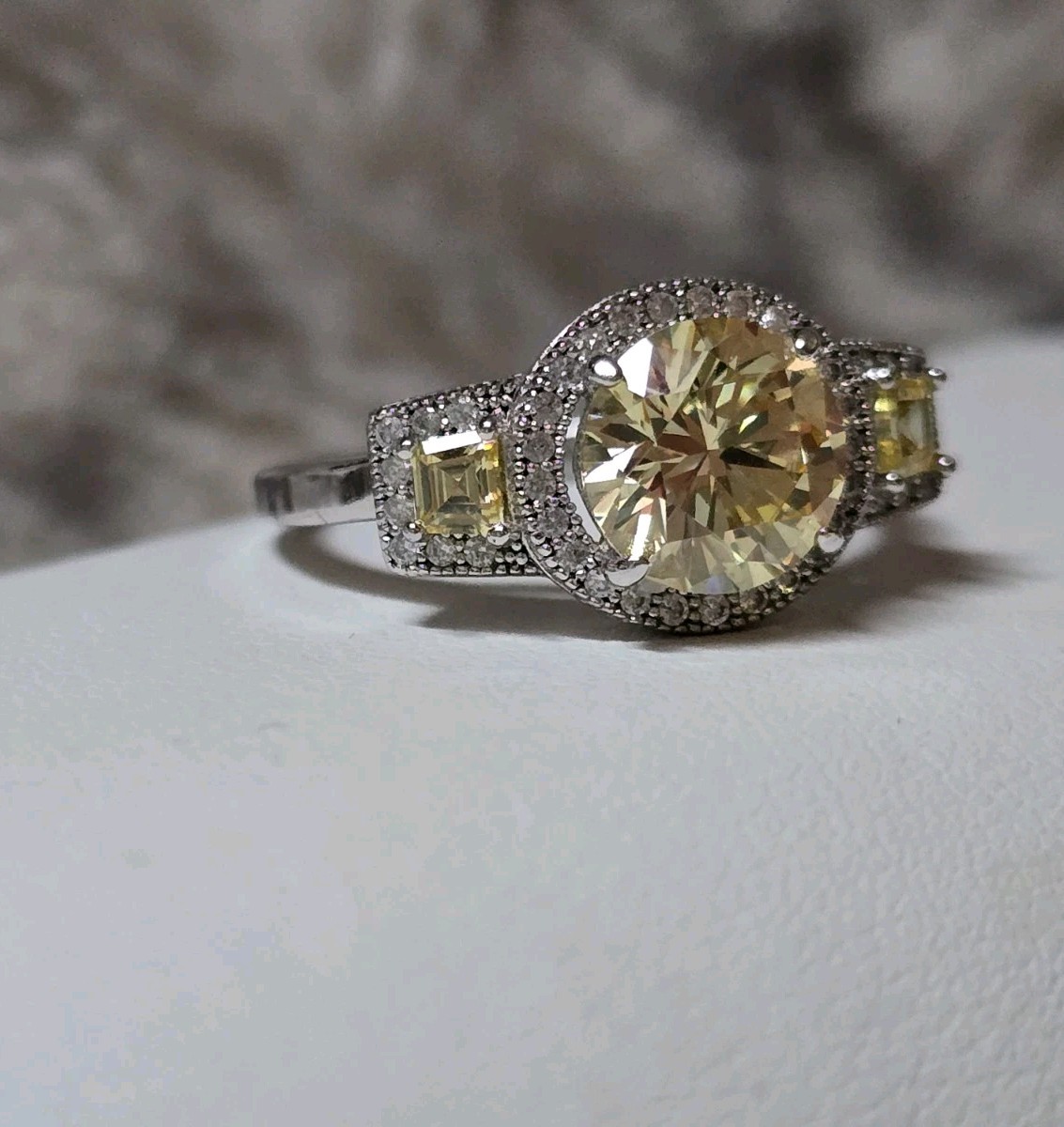 JTV sterling silver Canary Yellow 3 Three stone cz halo Ring