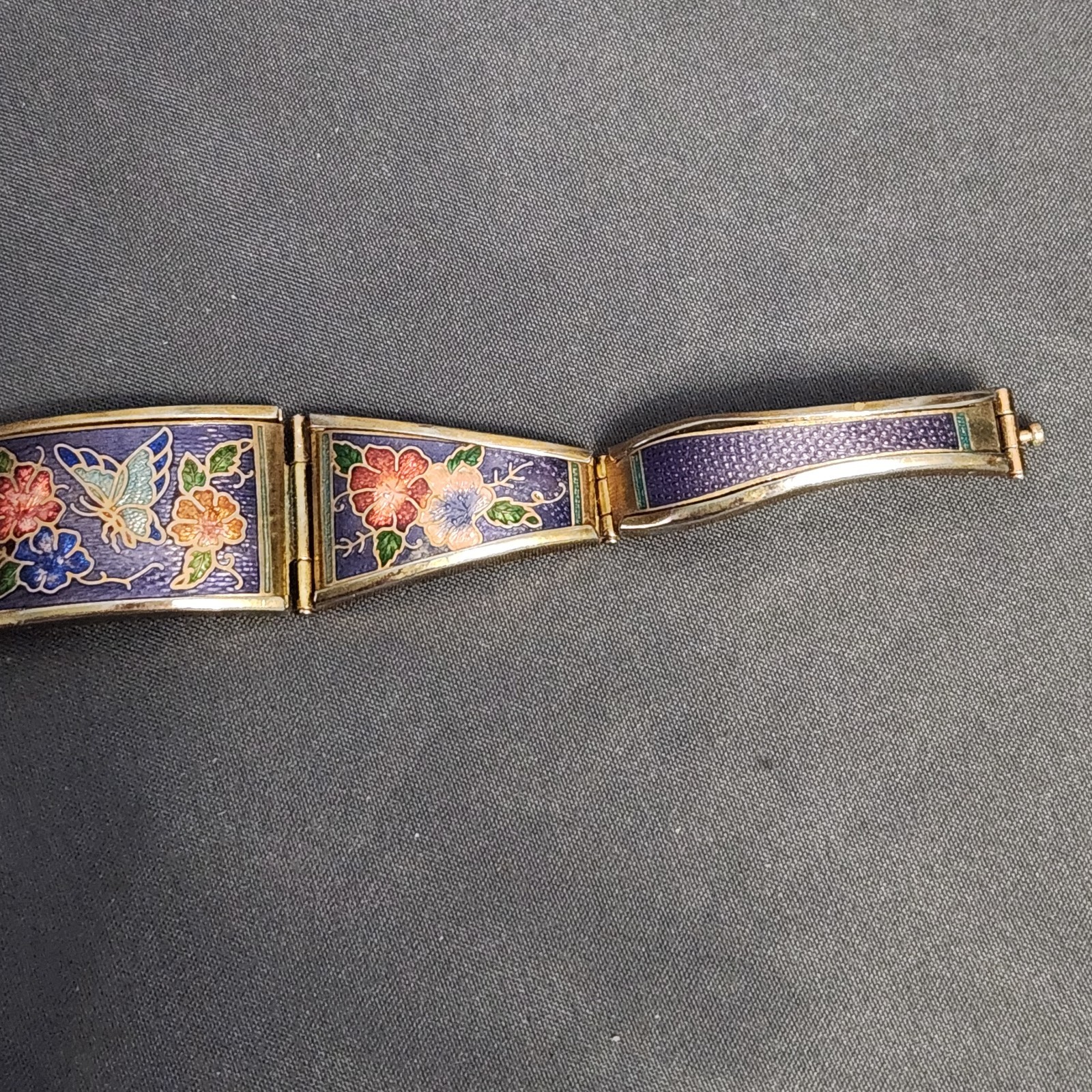 Vintage Chinese Cloisonne Enamel Panel Link Bracelet Butterfly Floral Purple