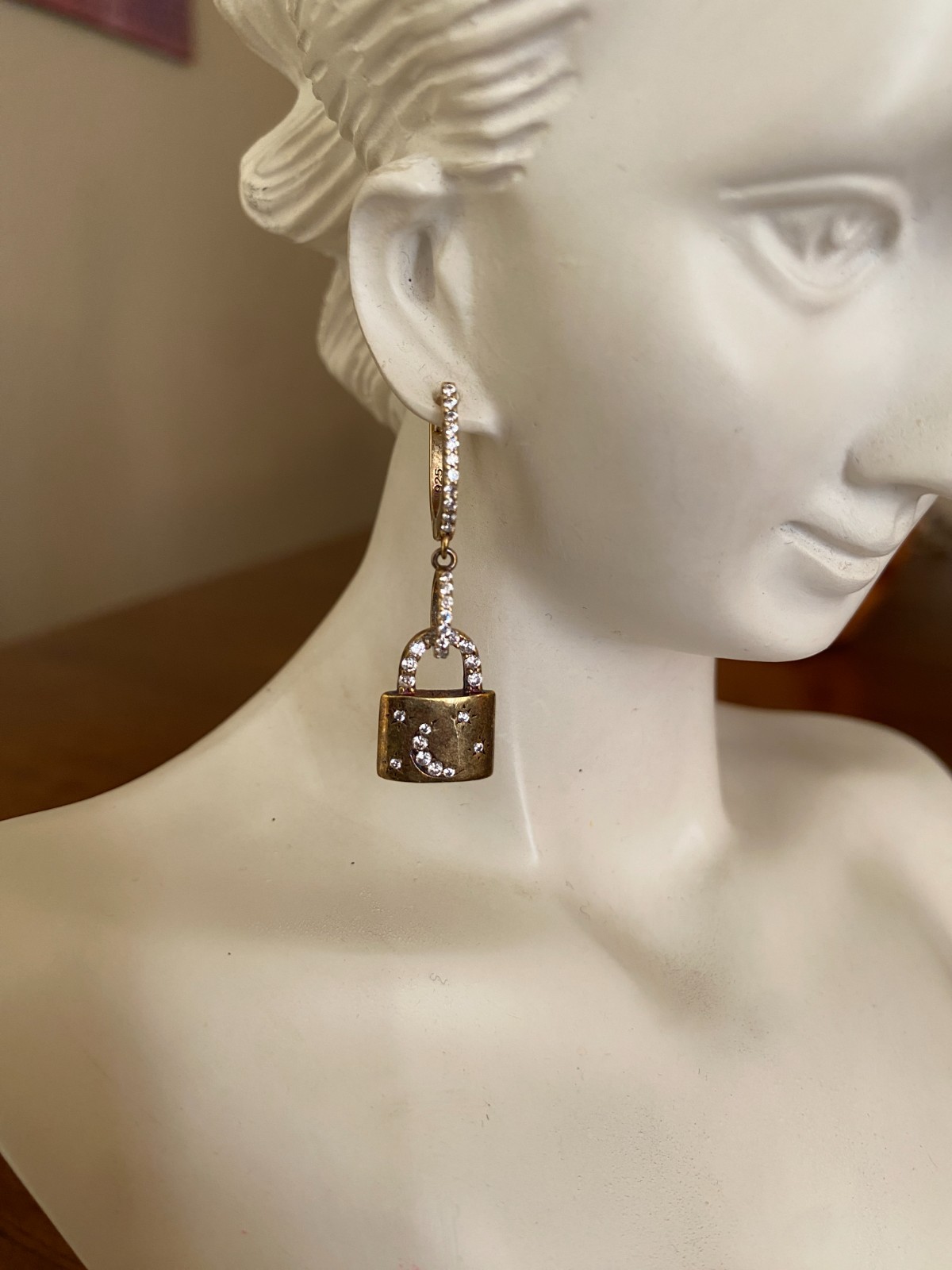 Celestial Lock Earrings Gold Vermeil CZ Moon & Stars English Lock Pierced