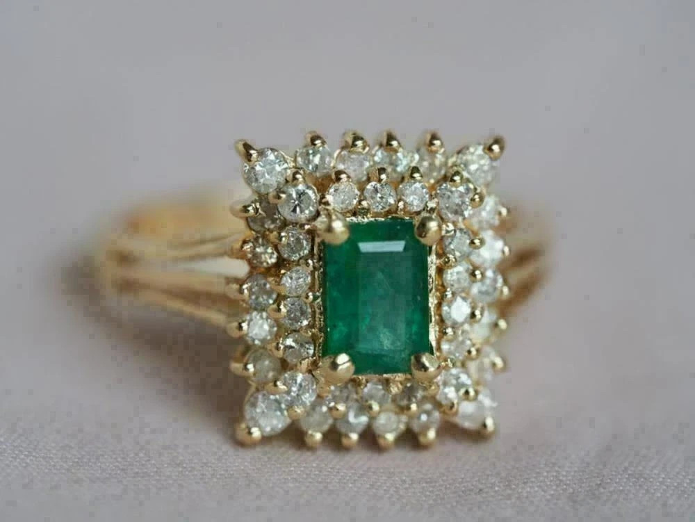 1.75Ct Green Emerald Diamond Cluster Engagement Ring 14K Yellow Gold Plated