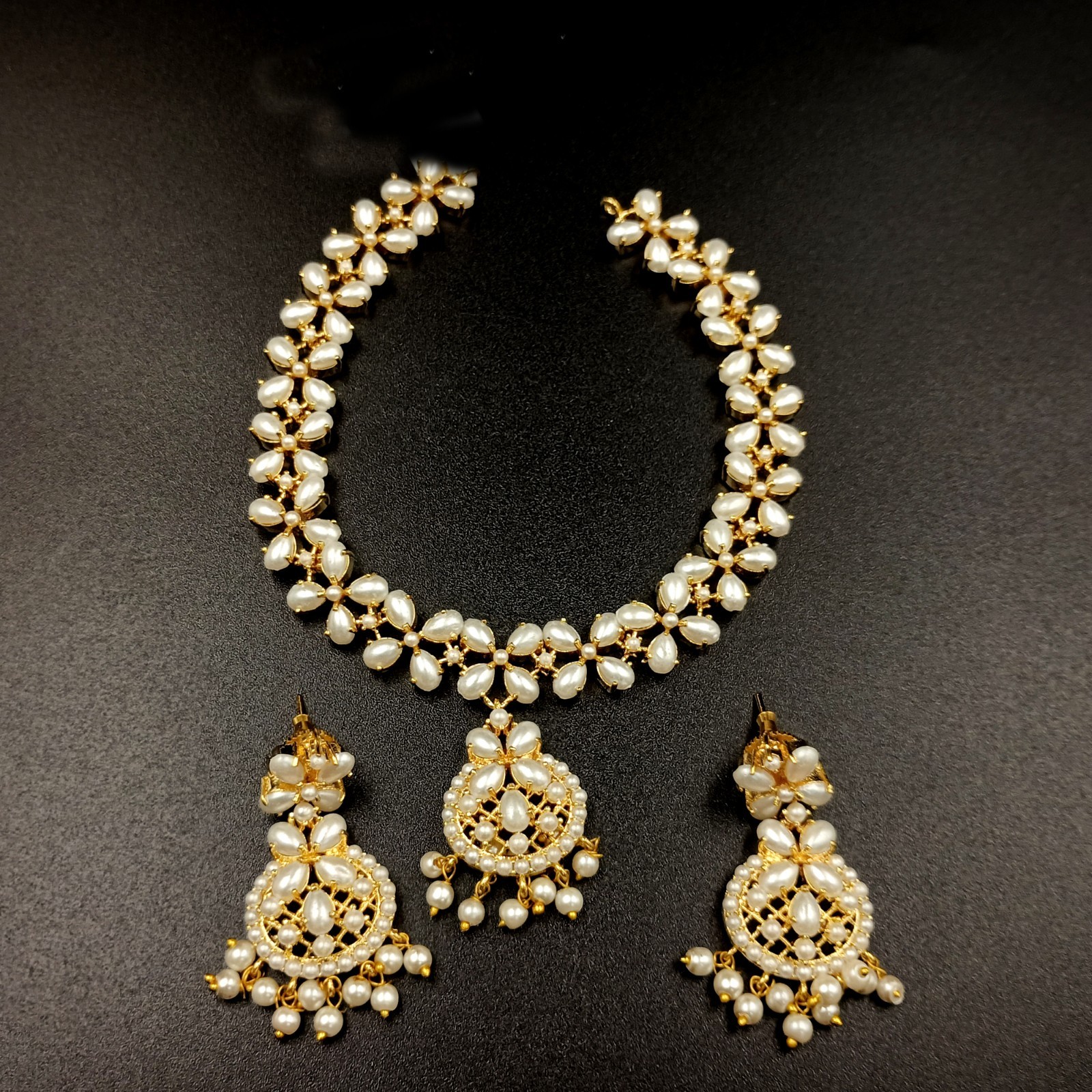 Vintage White Pearl Necklace Set 22K Gold Plated Chain Earrings Bridal Gift
