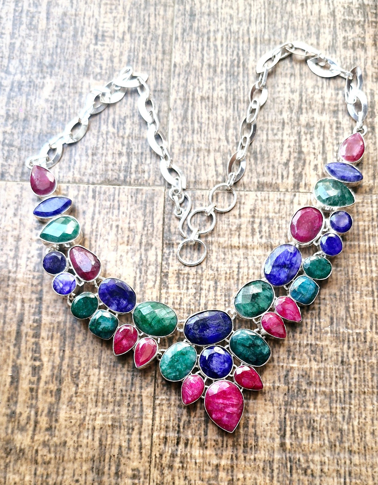 Green, Blue, Ruby Gemstone .925 Sterling Silver Jewelry Necklace 18″