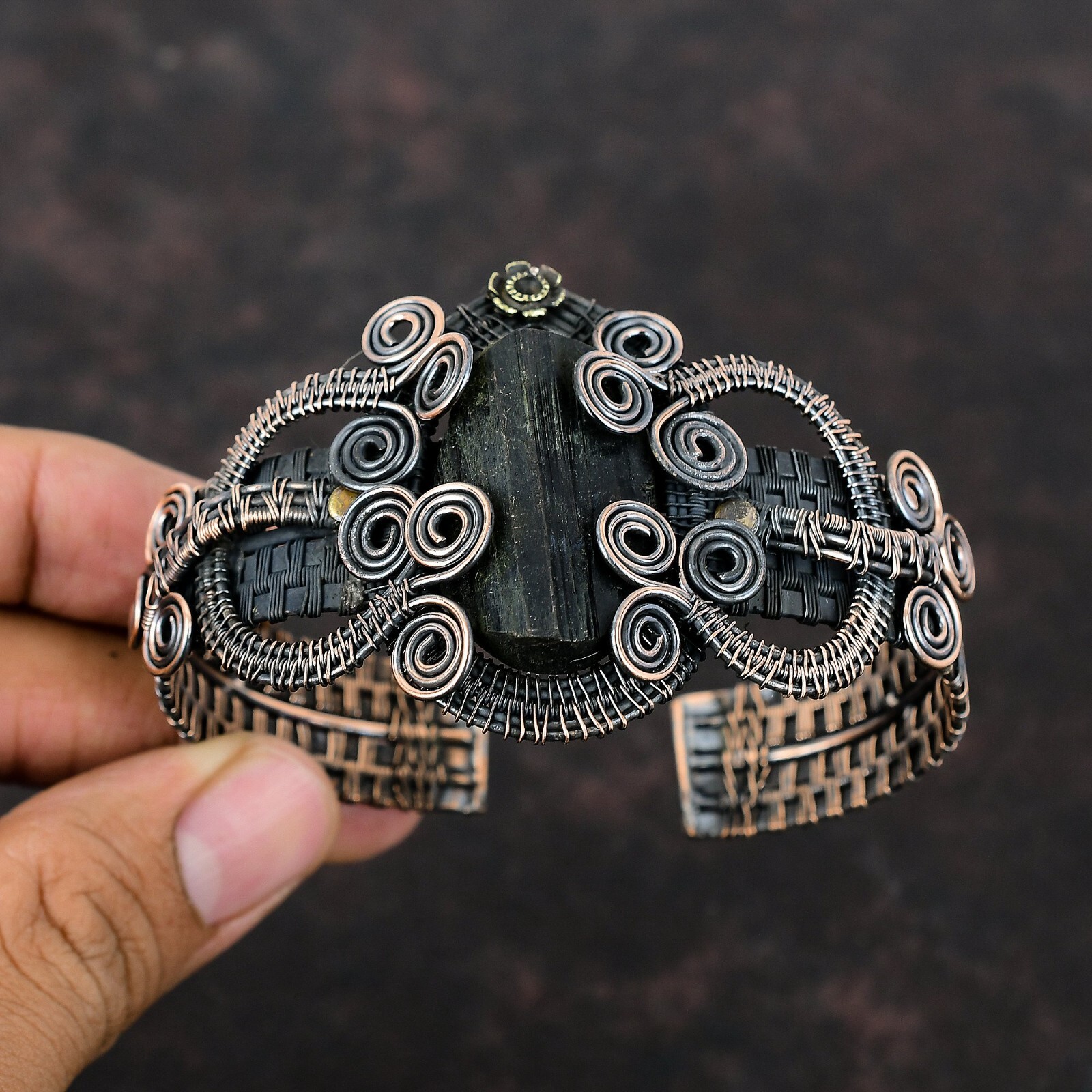 Black Tourmaline Rough Wire Wrapped Adjustable Cuff Handcrafted Copper Ethnic