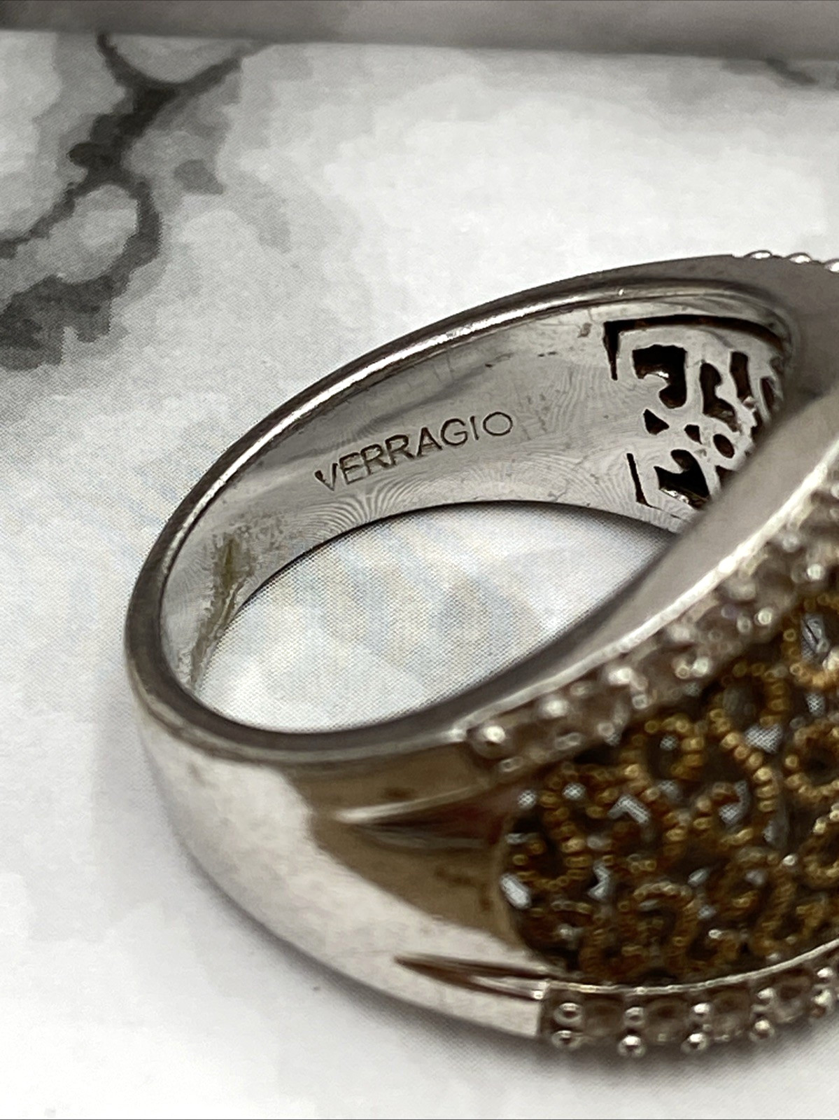 Verragio Womens 2 Tone Sterling 925 Marquise Filigree Cocktail Ring Size 8 /8.5g