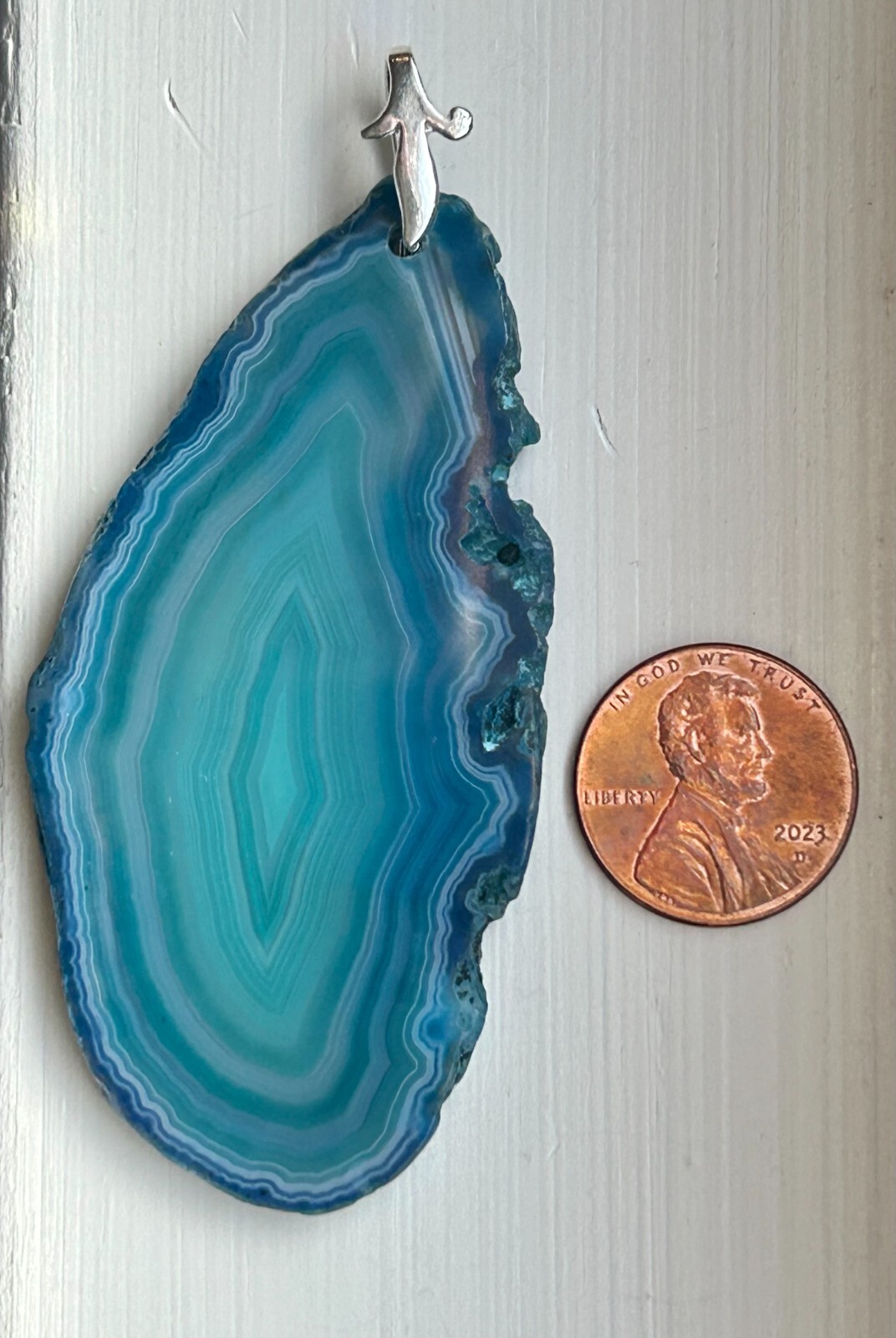 Brazilian Blue Slice Oblong Agate Pendant 2 1/2″x 1 1/2″ Silver tone bale