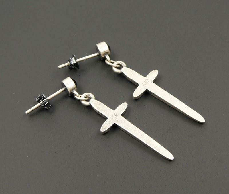Handmade Dark Sterling Silver Cross with Black CZ Drop Earrings Gothic Unique