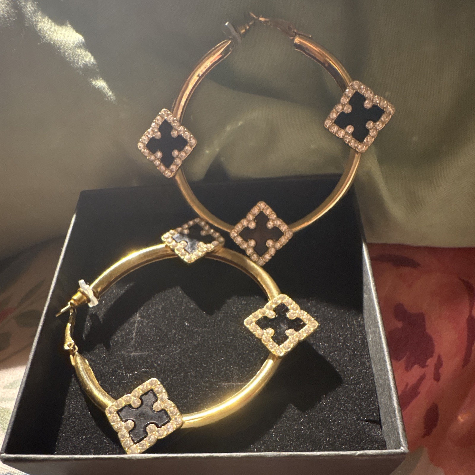 Gold Tone Crystal Clover Station Hoop Earrings Pavé Hinged Hoop Closure