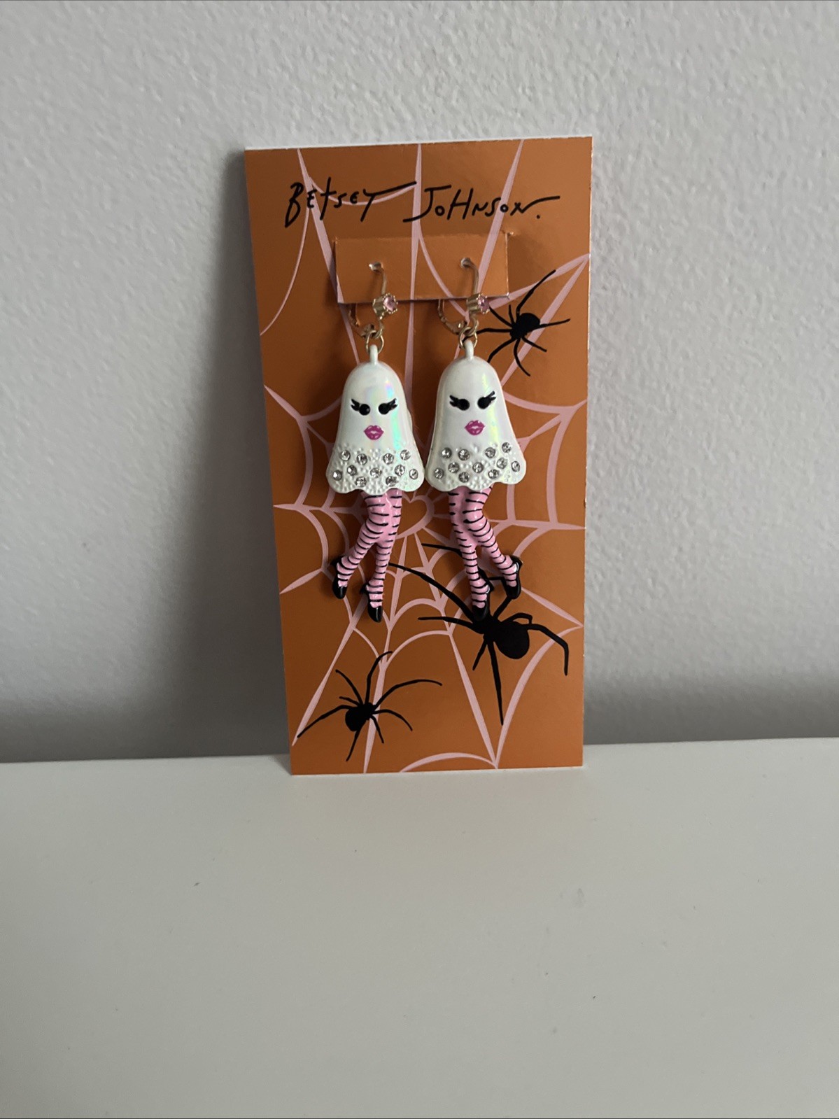 Betsey Johnson Necklace & Earrings Ghost Girl Dangle w/Spider Web Halloween BNWT