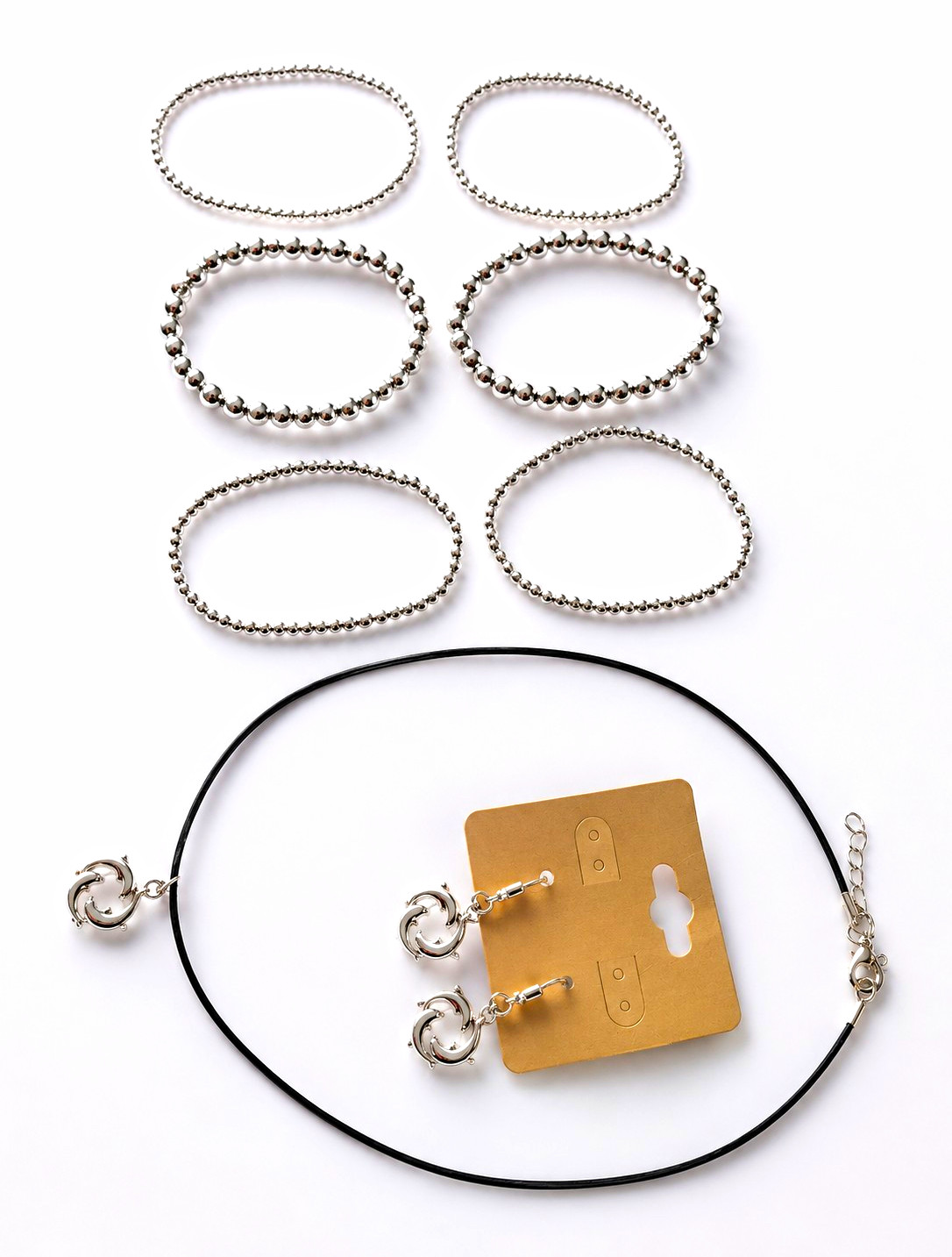 9 Pieces Set Silver-glow 1 Necklace.2 Earrings And 6 Bracelet Set, No Clasp