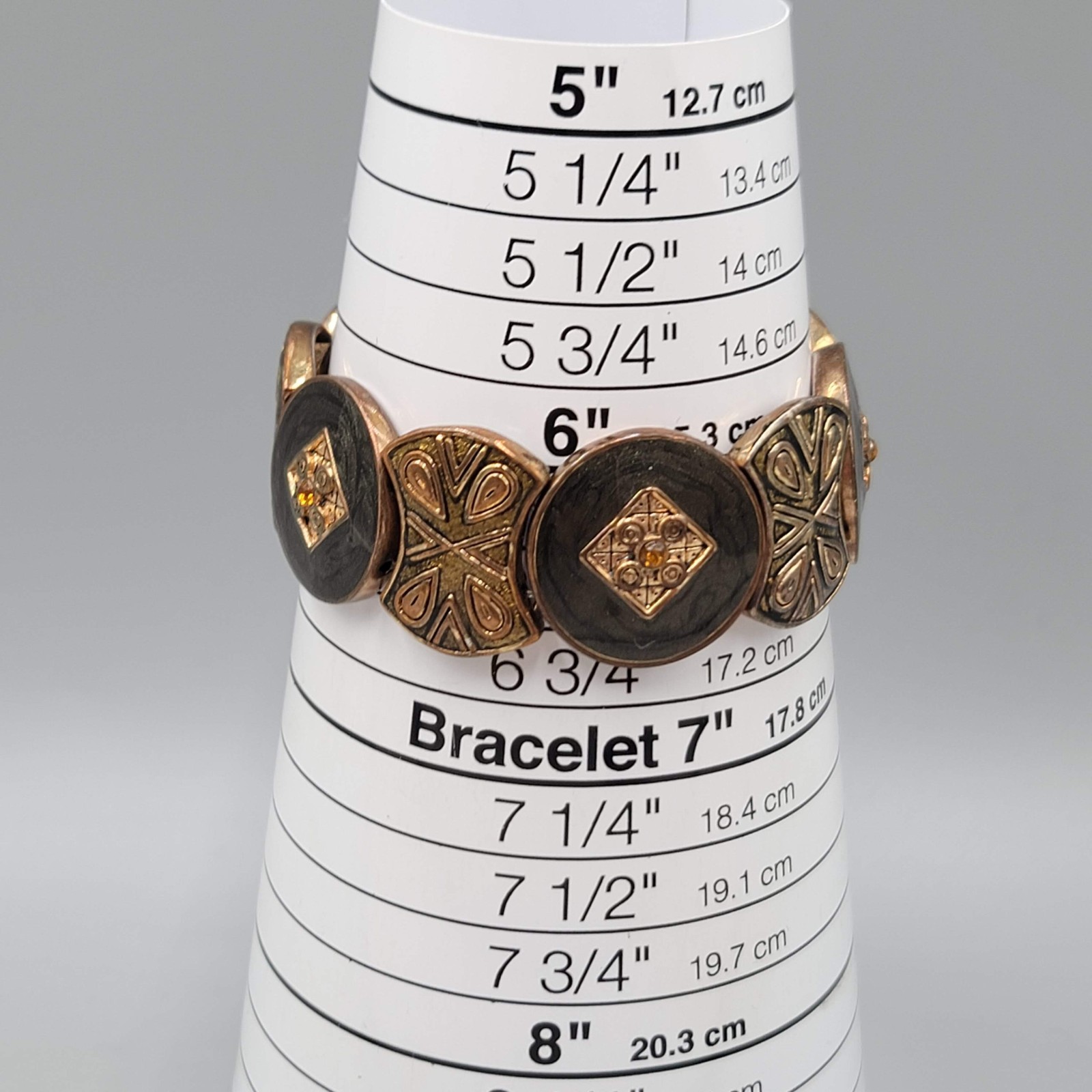 Enamel Medallion Bracelet Bronze tone Elastic 6.25″