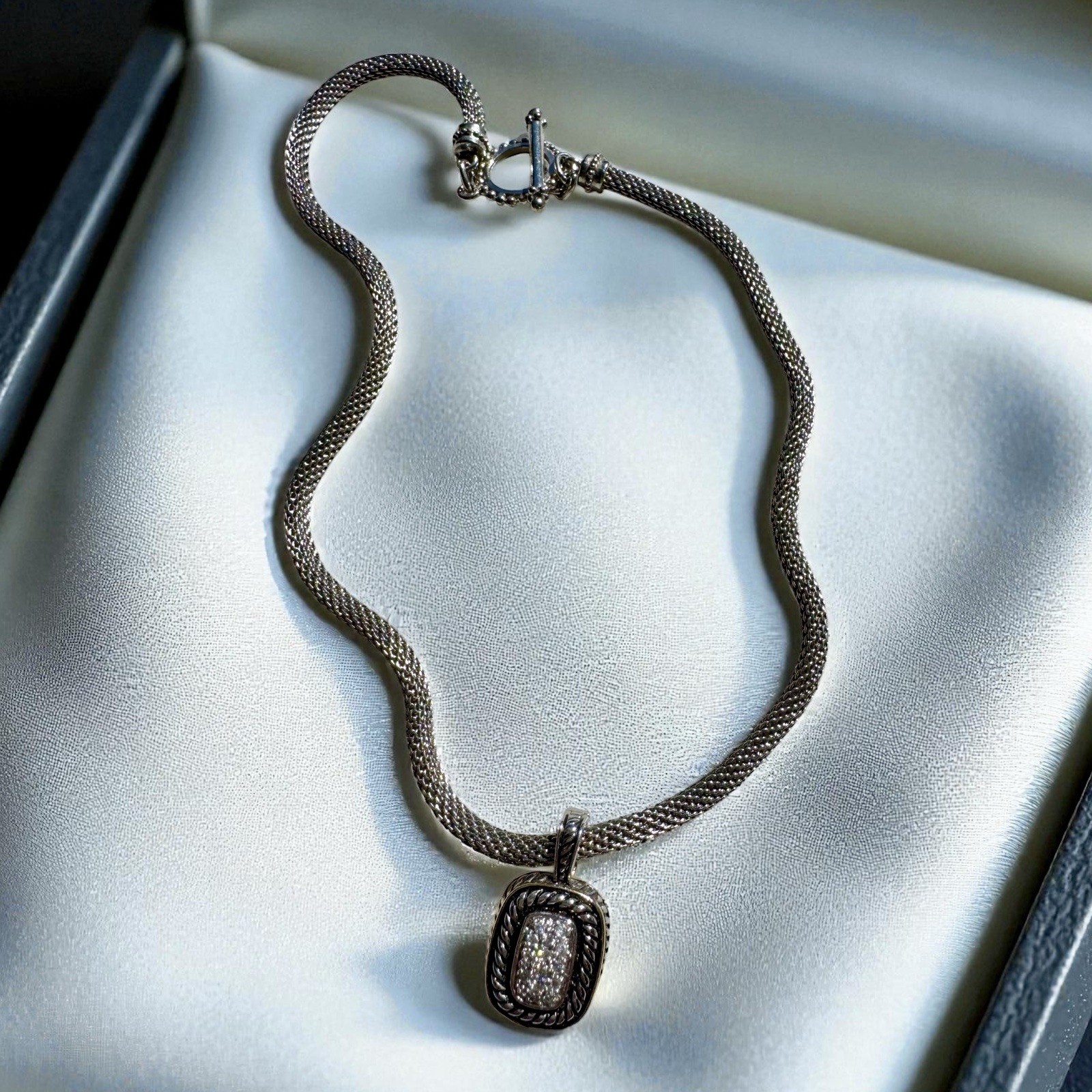 PREMIER Silver & Gold Necklace w/ REMOVABLE Rectangle Rope Pendant w/ Crystals