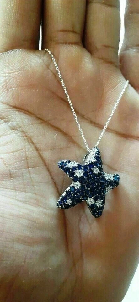 2.00Ct Round Cut Simulated Blue Sapphire Starfish Pendant 14K White Gold Plated