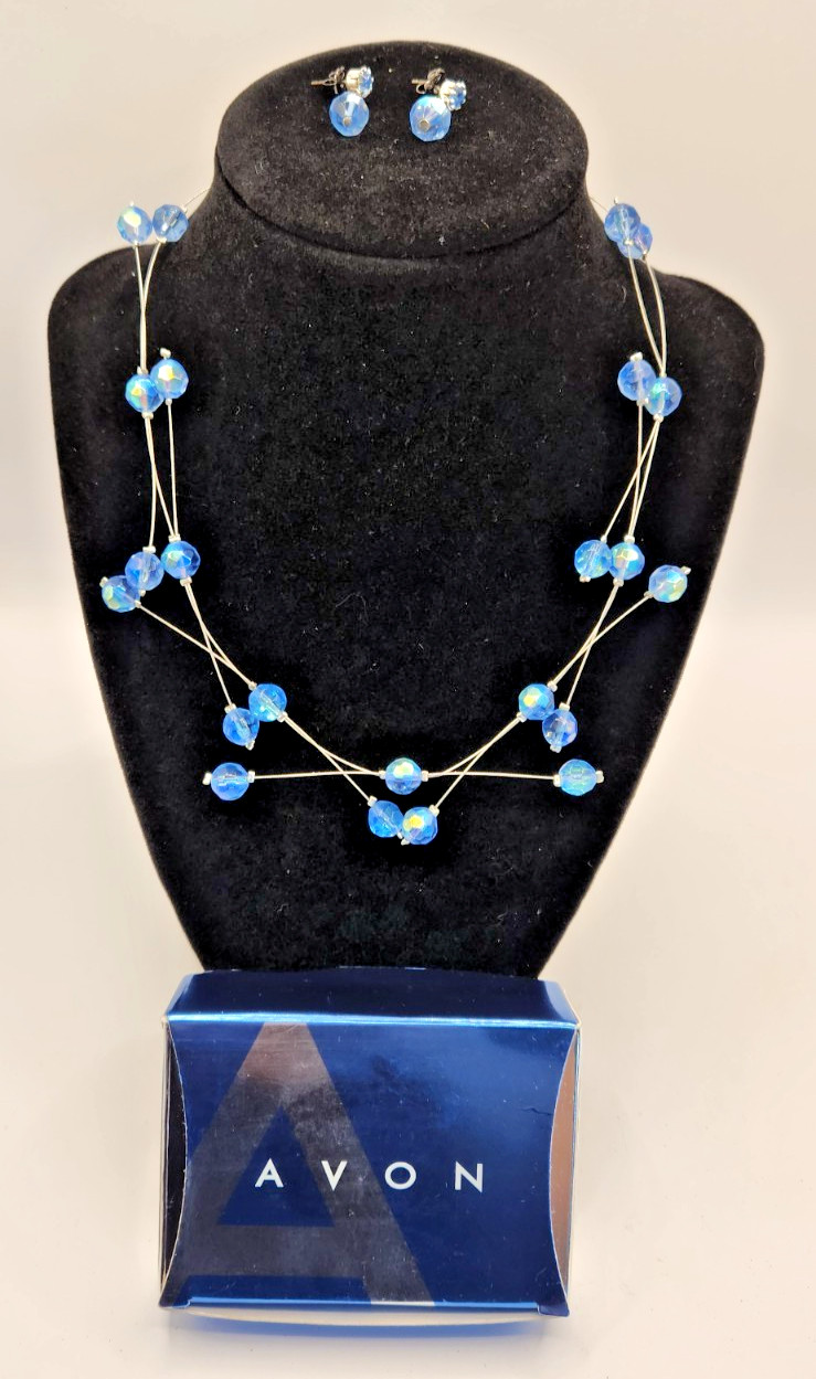Avon Beaded Illusion Light Sapphire Necklace & Earring Gift Set – Vintage 2004