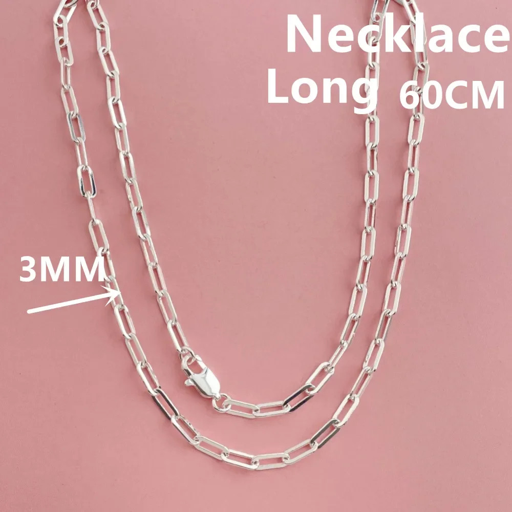 Paperclip Chain Necklace 925 Sterling Silver 3mm 45-60cm Women Jewelry